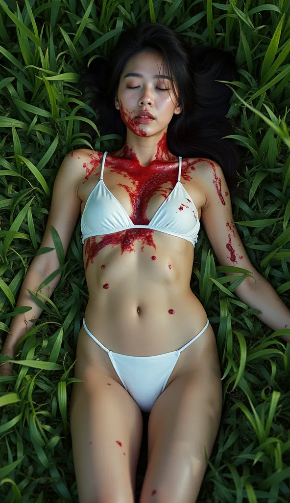 Watch from above，A 30-YEAR-OLD KOREAN WOMAN IN A WHITE BIKINI LIES DROWSY IN THE GRASS， Exposes painful feelings ，vomiting blood from the mouth，Eyes closed ，long legs，barefoot， body covered in blood ，A lot of blood on her chest 