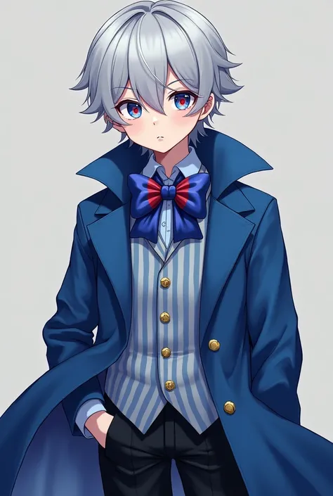 A  boy, with silver Hair and blue and red affected by Heterochromia iridum and bright skin tone. His outfit consists of a blue shirt over black pants, a light blue striped vest, a large blue and red coloured bow tie, and an oversized Persian blue coat