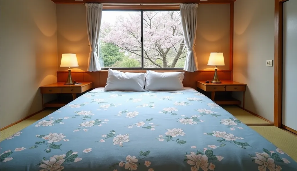 High Precision, real ,masterpiece,(((View from the floor on an oblique side:1.6))),((Luxury inn room:1.5)),The spring Japanese garden was visible from the shoji that was opened, and only a few cherry blossoms bloomed,There is a futon at the same height as ...