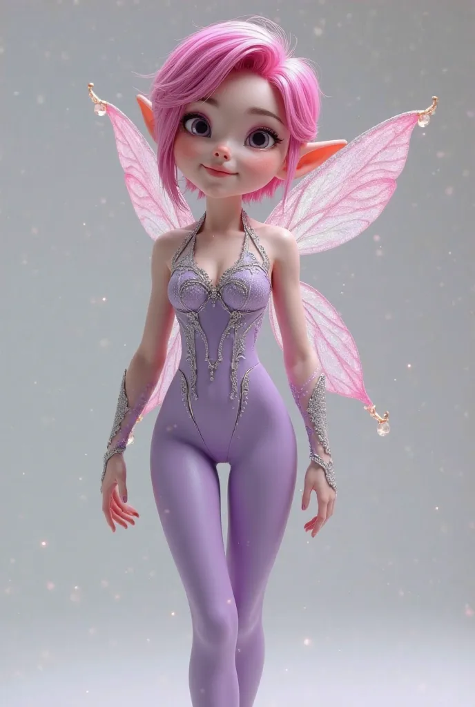 A 3d photorealistic  human like adult image of a fairy girl with fuchsia pink pixie cut hair and wearing a body con light purple jumpsuit with silver detailing (basically a photorealistic version of techna from winx club)