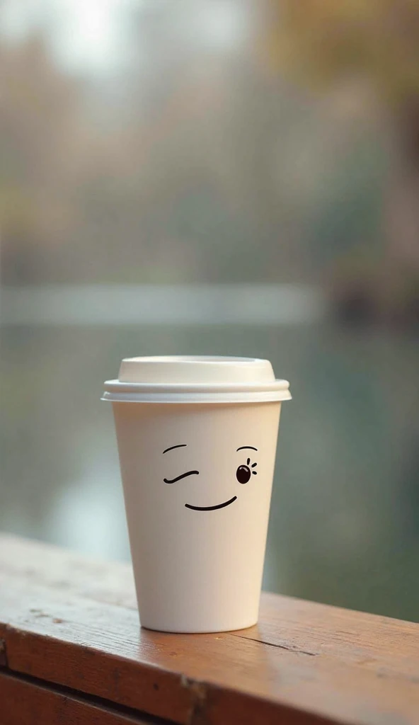 A white disposable coffee cup with a cheerful, winking smiley face drawn on it sits on a wooden bench. The cup has a plastic lid, and its playful expression gives it a charming personality. The background is softly blurred, showing a calm, reflective body ...