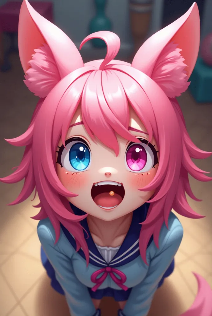 left eye blue,right eye pink,pink hair,Pink ears,excitement, drooling,I'm looking at me,from above,Yanimation painting