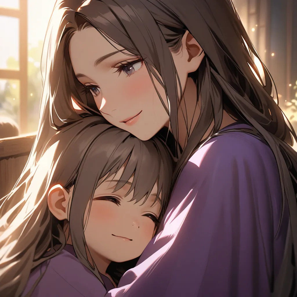  adult, skinny,   long hair , Brown-haired mother, brown eyes, smile, Roman clothing, purple tunic, no bangs ,Embracing gray-haired twins