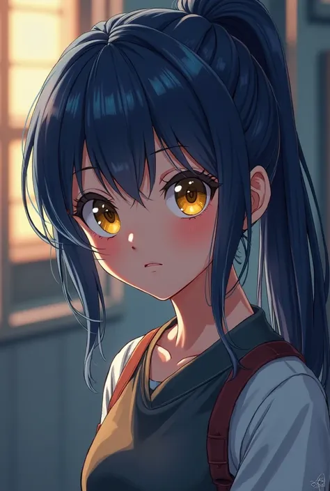 dark blue hair, yellow eyes, anime girl, ponytail, detailed portrait of a young anime-style girl with dark blue hair in a ponytail and bright yellow eyes, facing forward with a serious expression, 4K, ultra-detailed, cartoony, studio lighting, professional...