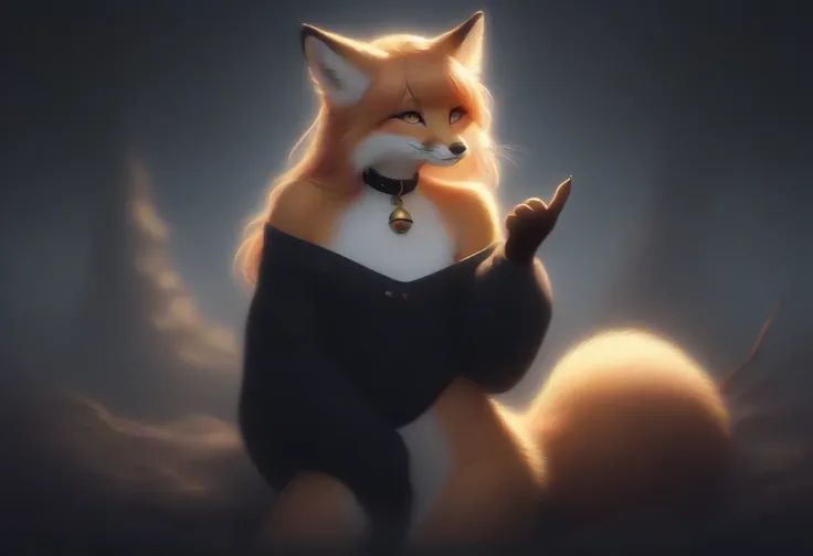 full body、Solo、unpralleled masterpiece、Detailed、 Beautiful、 score_9、 score_8_up、 score_7_up、moody atmosphere、mysterious、fox、anthro、furry、female、orange fur、(long hair、beautiful hair、orange hair、side swept hair、bangs)、yellow eyes、(fur tuft on chest、tuft of f...