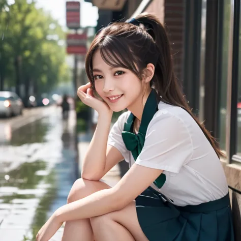 Masterpiece,  best quality ,  Official Art, ( Highly Detailed CG Unity 8K Wallpaper ),  detailed background,  Foot frame off ,  first-person view, 1,   beautiful woman charming and perfect,  high school girl, ＪＫ,  high school girl Uniform, Rainy Day, Lots ...