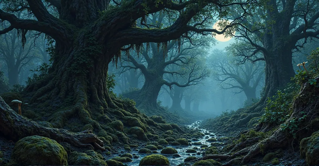 "Ancient forest at night, shrouded in natural darkness and mystery. Massive old-growth trees with gnarled trunks stretch toward the sky, their canopy allowing only glimpses of stars between dense branches. Moss-covered stones and twisted roots create a tex...