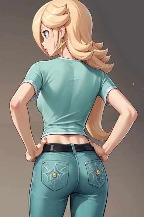 score_9, score_8_up, score_7_up, source_anime, rosalina, blonde hair, hair over one eye, long hair, star earrings, solo, cowboy shot, black t-shirt, taut clothes, tight shirt, midriff, jeans, black belt, hands on hips, back view