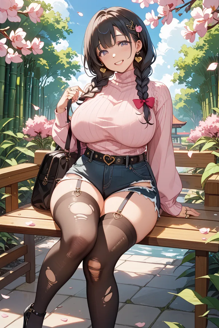 Black hair braids 、Big Breasts、Japanese、plump body、Married Woman、smile、Sit on a bamboo bench chair、 Slightly Squinting 、Overlook、cherry blossom petal hairpin、golden heart shaped earrings、ring finger engagement ring、pink shoulder pull-out sweater、 Damaged S...