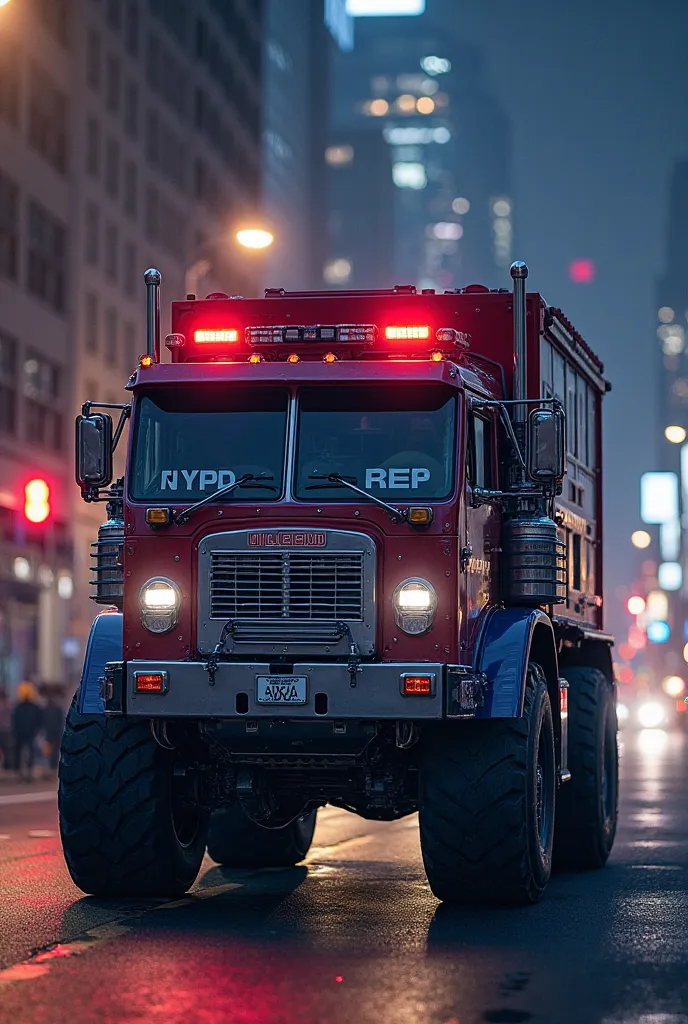 The NYPD ESU REP truck - transformer shows a dark red blue, armored emergency vehicle with white and silver accents. The radiator grille of the car becomes a distinctive face, while the truck cabin is transformed into massive, strong arms are transformed. ...