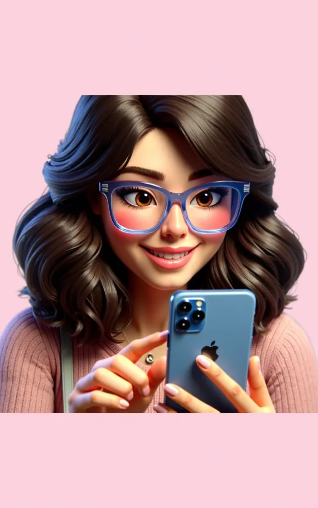 a young woman stylized in 3D art with a modern and friendly look.  She has long, wavy brown hair , falling softly over the shoulders.  her expression is cheerful , with a warm smile as she looks at the cell phone in her hands. Her face has a natural pink t...