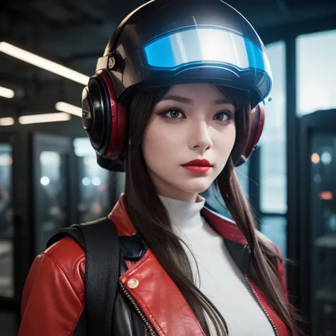  close-up of a woman wearing a futuristic helmet and red lipstick, Cyberpunk Jackie Wells, cgsociety 9,  style for stilets = Retro futuristic ,  beautiful android woman ,   female android ,  retro futuristic fashion , movie「 Blade Runner 」Still image of, F...