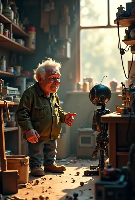 Scene 1: The Workshop
A messy, dimly lit workshop is filled with broken gadgets and tools scattered everywhere. The Owner, a grumpy old man with messy hair and a permanent frown, stomps in. He kicks over a toolbox and grumbles as he points at his Robot, a ...