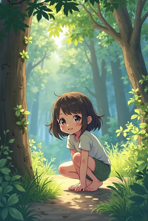 Girl taking a poop by a tree, anime