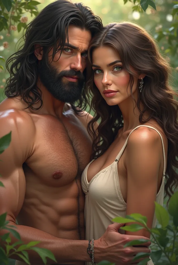 A COUPLE, a woman with wavy brown hair, green eyes and a muscular man, long black hair to the neck and a black beard