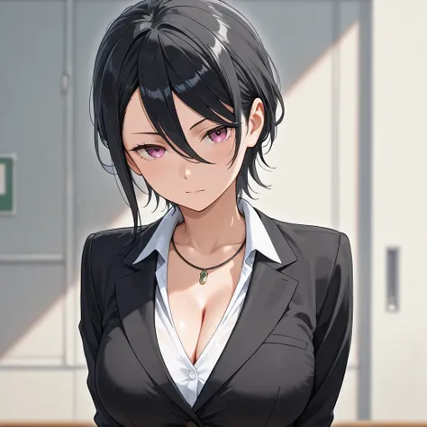 High School Principal, about 35 to 40 years old,  with big breasts, medium short black hair , formal black uniform with a very pronounced neckline