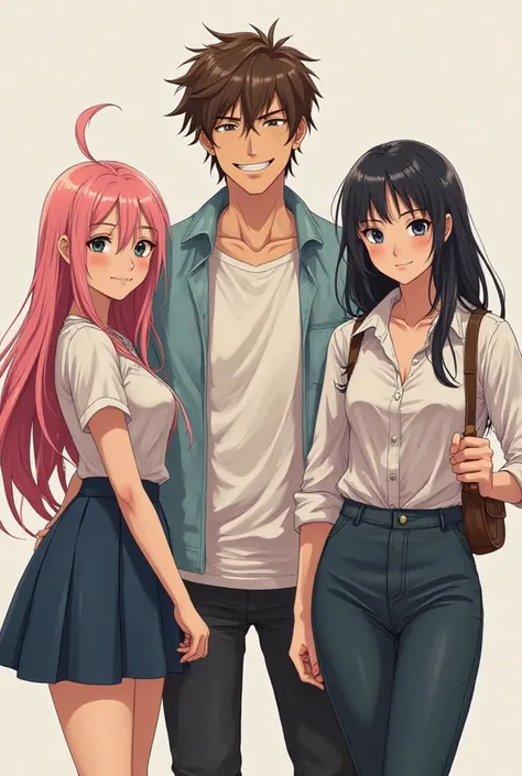 I want something like a movie poster. 3 college students skirt and shirt on girls shirt pants on boys. brown haired smiling man with messy hair, A girl character with big boobs and deep chest cleavage with pink hair, and finally serious looking girl with b...