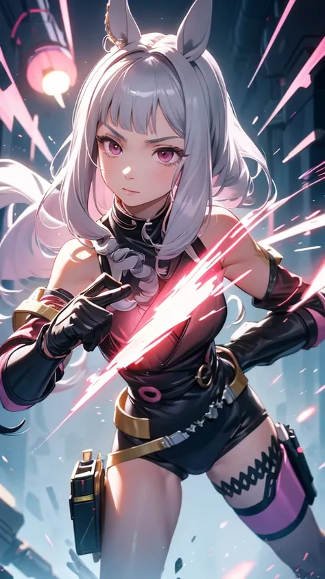 Close Portrait, Random Actions,  image drawn with a brush ,  beautiful Thai woman  , 20 years old,  dynamic combat action pose with pink advanced cyberpunk pistol ,  long light gray hair with advanced goggles ,  in a slim fit cyberpunk shiny grey diving su...