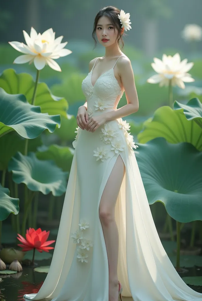 a woman in an elegant, flowing white gown adorned with floral designs. She is standing in a serene environment surrounded by large lotus flowers in various colors, including white and red, along with broad green leaves. The setting resembles a tranquil gar...