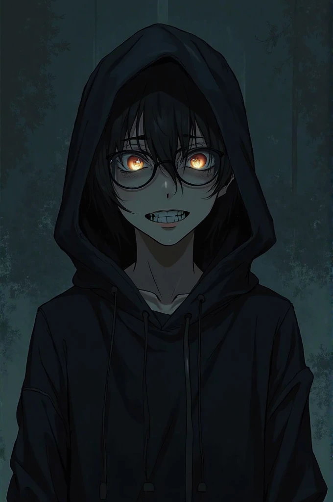 An 18-year-old anime-style boy wearing a black hoodie with the hood up, casting shadows over his face. He wears glasses that reflect a faint eerie light, obscuring his eyes. His expression features a creepy, unsettling grin, and his eyes are shrouded in da...