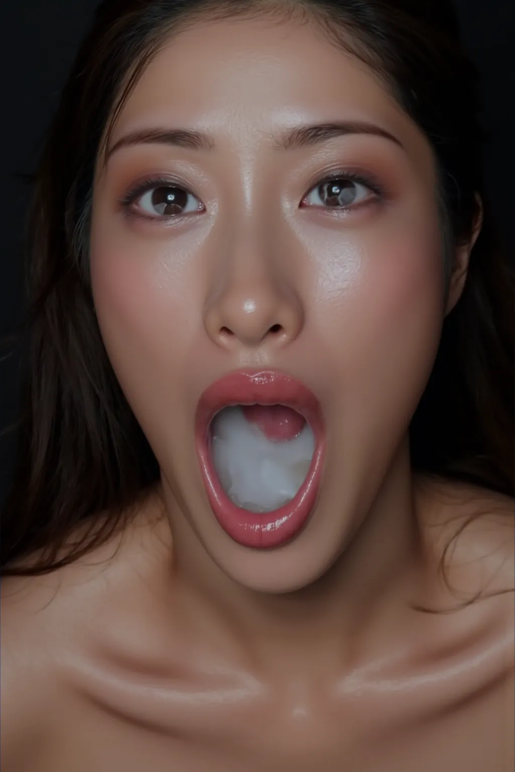 Hi-Resの写真,photo realistic,masterpiece,high quality,detailed,professional lighting,alone,delicate face,Seductive Expression,Open your mouth wide and clearly see the thick white semen dripping with satisfaction in your mouth,complex background,Natural Skin,I...