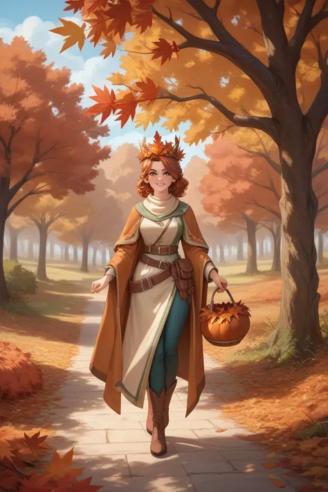 Full-body cartoon illustration of an elven druid, autumn season. Auburn hair with copper streaks, amber eyes, earthy-toned robes with fall leaves, acorn-leaf crown, harvest belt. Autumn leaves swirling, wisdom and change. Organic lines, warm earthy tones.