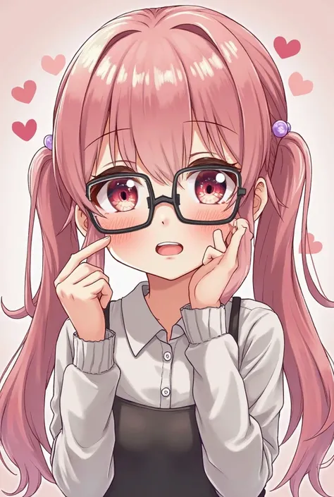 (( Top Quality )), ((masterpiece)), (  Details)　 girls　Big glasses　１５age　pink undertwin tail hair　Shy smile