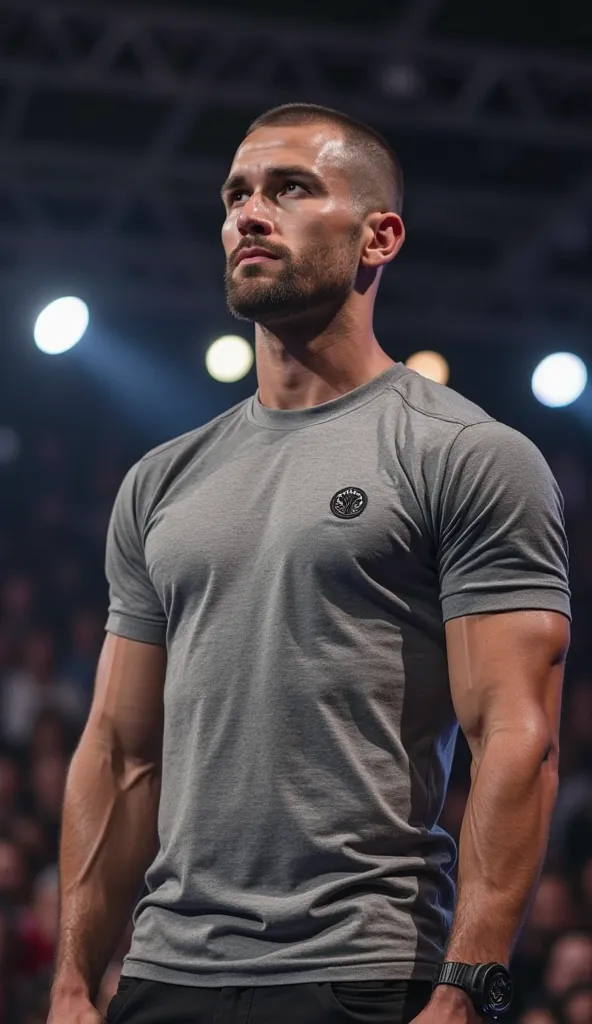 a , ultra realistic representation of an athlete, muscular man with a slim build,  fully shaved  ( without a beard or facial hair ), and a shaved head (buzz cut, Machine zero). He is standing on stage during an event, } looking straight ahead in a safe and...