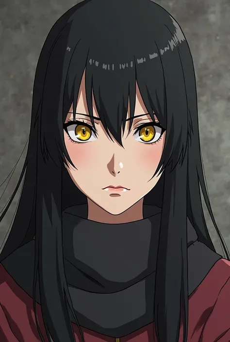 anime, a woman with long black hair and yellow eyes, a picture by Jin Homura, tumblr, shin hanga, the piercing stare of yuki onna, sui ishida with black hair, mikasa ackerman, akane owari danganronpa, it has a piercing gaze, female anime character, Naruto ...