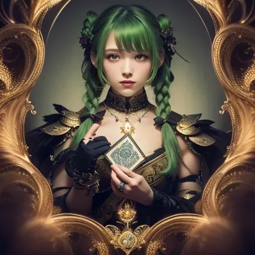 (Masterpiece,  top quality,  best quality ,  Official Art,  beautiful and aesthetic:1.2), ( 1 girl:1.3), ( Fractal Art :1.3), card, Tarot,  green hair,  twin tails,  hair flower, ( good lighting :1.1), (( high resolution)), Tarot card style