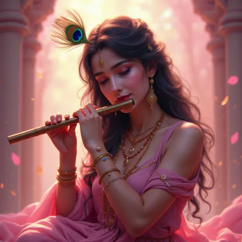 Radha beautiful looking realistic leaning with the flute gracefully playing it radiation glow peacock feather in hair pinkish glow behind