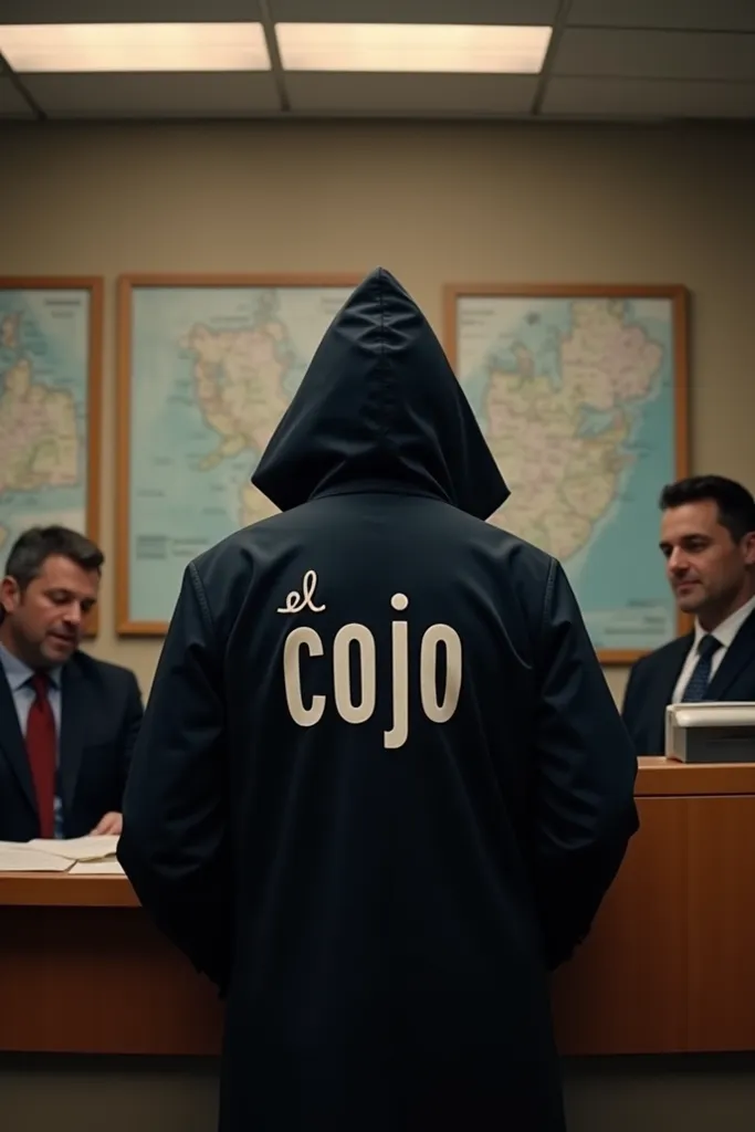 Make a man with his back turned and in front of him a teller from the Bank of America and the man who has his back turned, I have a coat and on the coat I have letters El cojo cone
 
more modern and the coat with a hood is the man who is hooded