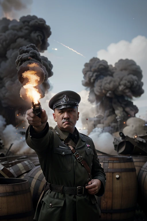 "A soldier in a World War II uniform pointing a pistol at Adolf Hitler. The gun is misfiring, with smoke coming from the barrel, while Hitler looks shocked yet unharmed. The tense atmosphere is filled with fear and disbelief."