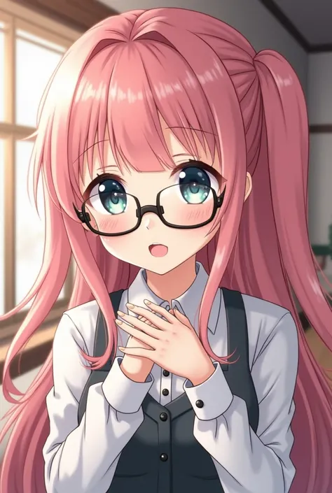 (( Top Quality )), ((masterpiece)), (  Details)　 girls　Big glasses　１５age　pink undertwin tail hair　Cowardly　Shy smile