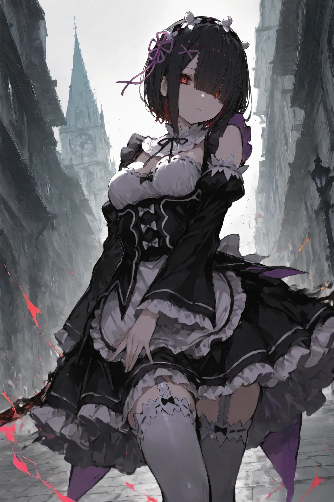 masterpiece, best quality, ultra-detailed,r17329_illu,00118_illu,dark gothic,1Cute girl\(rem \(re:zero\)\),(dynamic pose:0.25) ,masterpiece, best quality, 8k, highres, ultra-detailed,HDR, UHD, professional, vivid colors