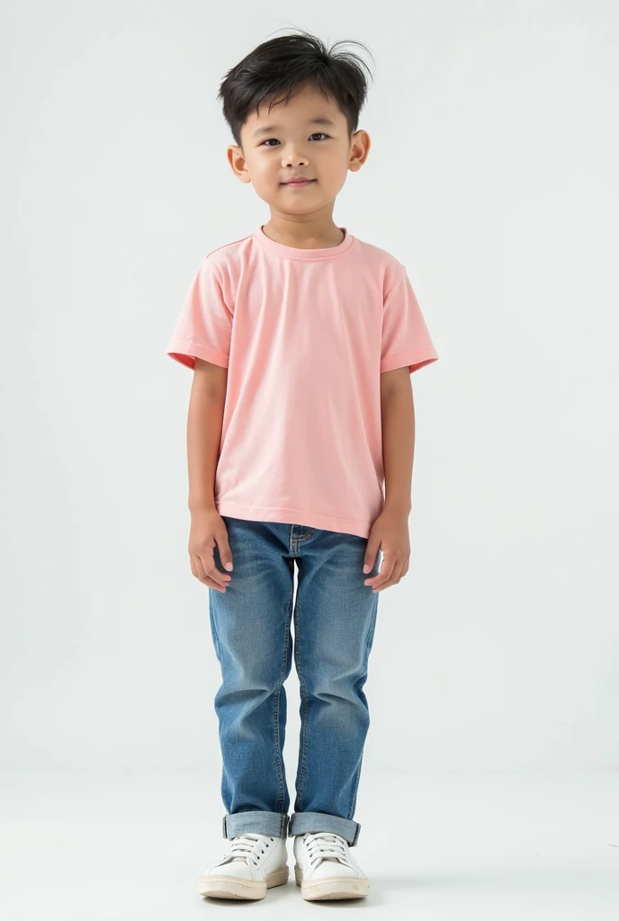 white background, Malaysian boy with soft pink plain tshirt, blue jeans and white sneakers