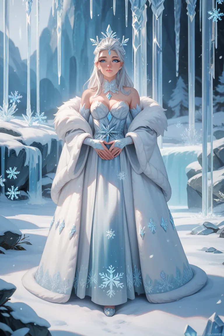 Full-body cartoon illustration of an elven druid, winter season. White-silver hair, blue eyes, fur-lined robes with snowflake embroidery, crystalline crown, icicle charms. Snowflakes swirling, cold serene atmosphere. Clean lines, icy colors.