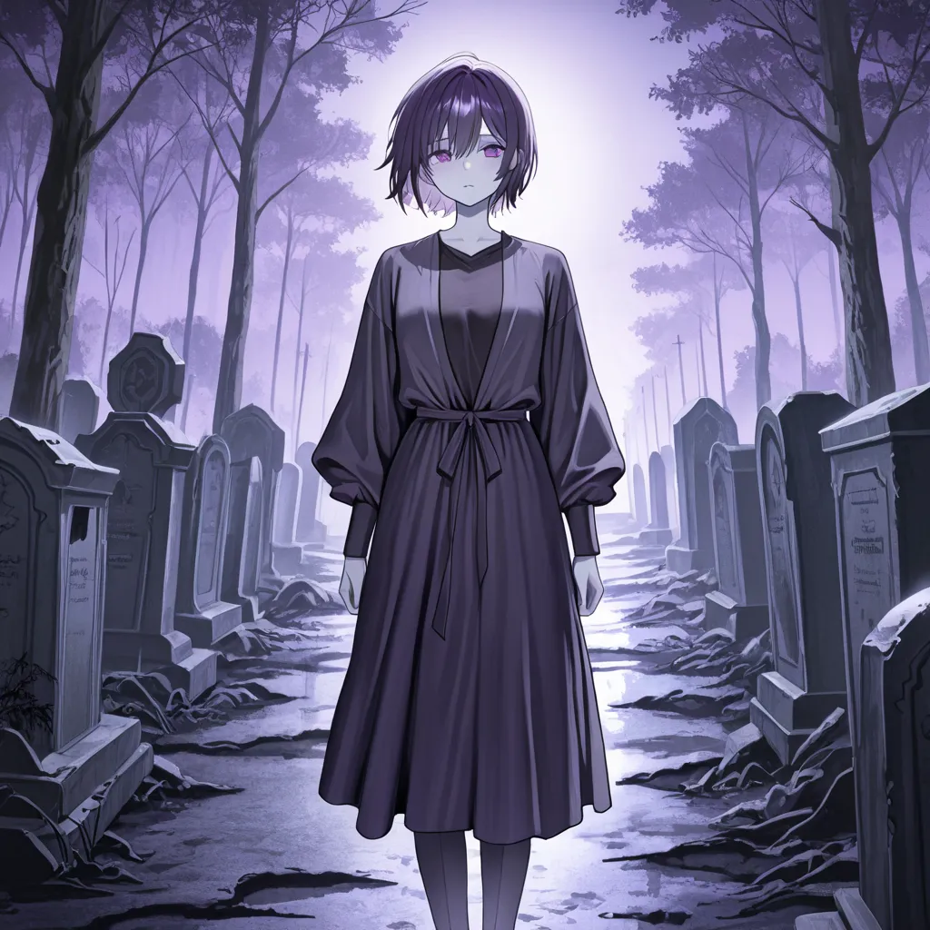 Anime style!  Luring and omnious misterious Short height 1woman standing on abandoned graveyard on foggy night, pale violet skin tan, greyish short hair falling on shoulders, wearing a long dark purple cloack , Purple eyes, 