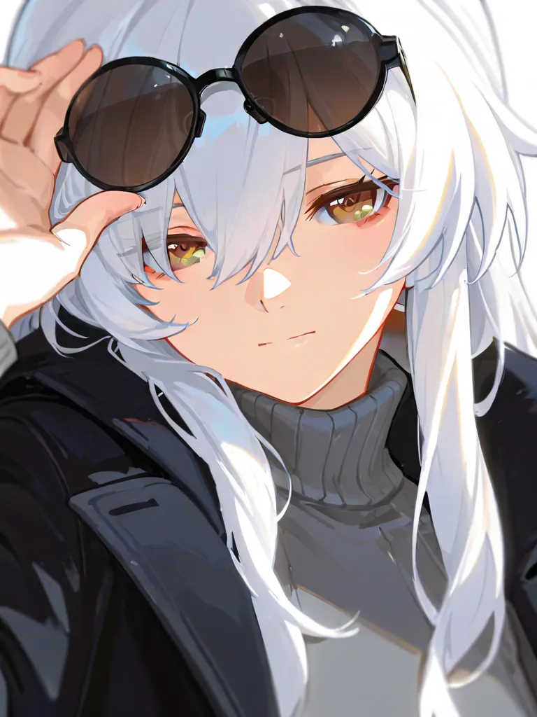 Best Quality:1.3, Masterpiece:1.3, Anime Style, Hand up, (close mouth), Honkai Art, 1girl, White Hair, Brown Eye's Color, Wearing Black Coat over a Gray Turtleneck Sweater, A Sunglasses resting atop of head, leaning, Long hair, Hair between eye