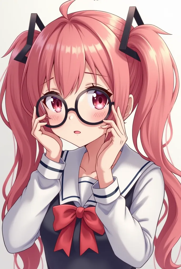 (( Top Quality )), ((masterpiece)), (  Details)　 girls　Big glasses　１５age　pink undertwin tail hair　Cowardly　Shy smile