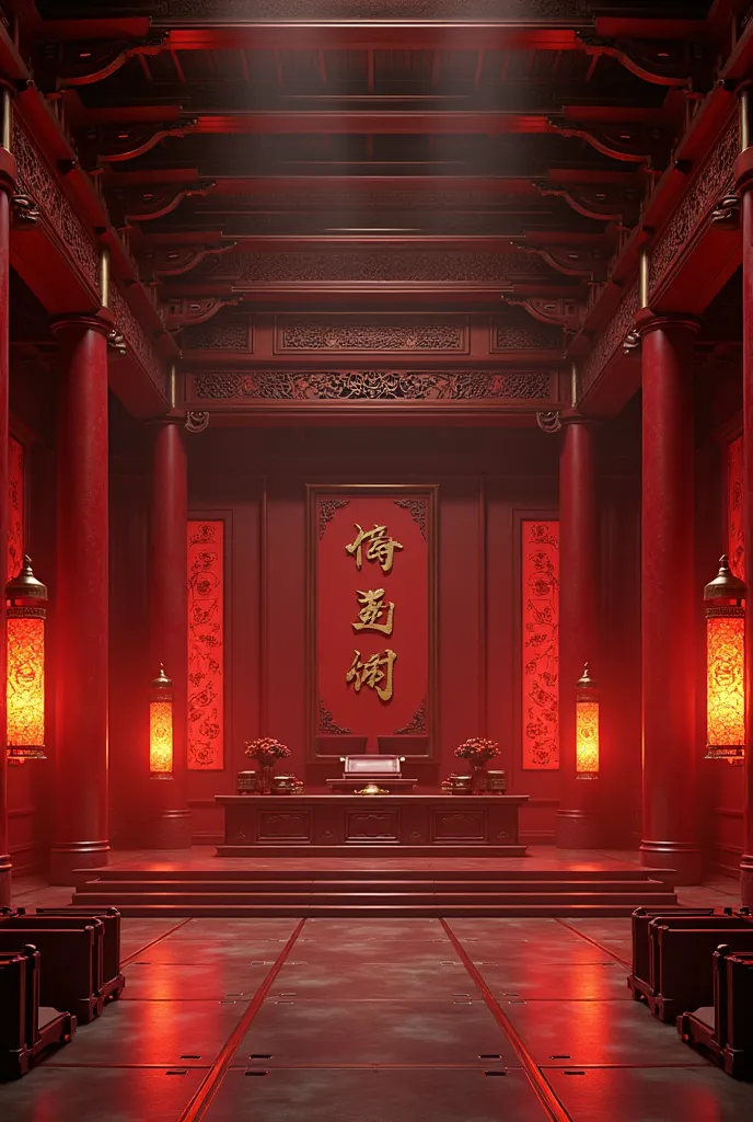 Ancient China courtroom background in red shades without people 