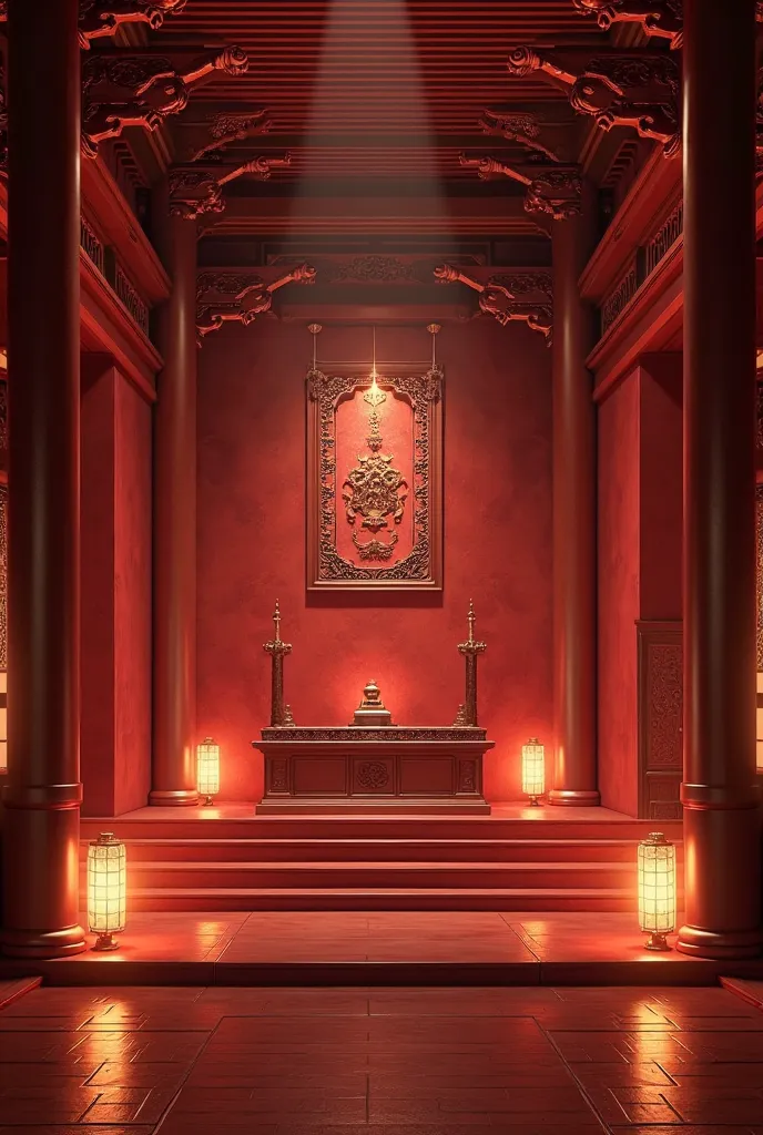 Ancient China courtroom background in red shades without people 