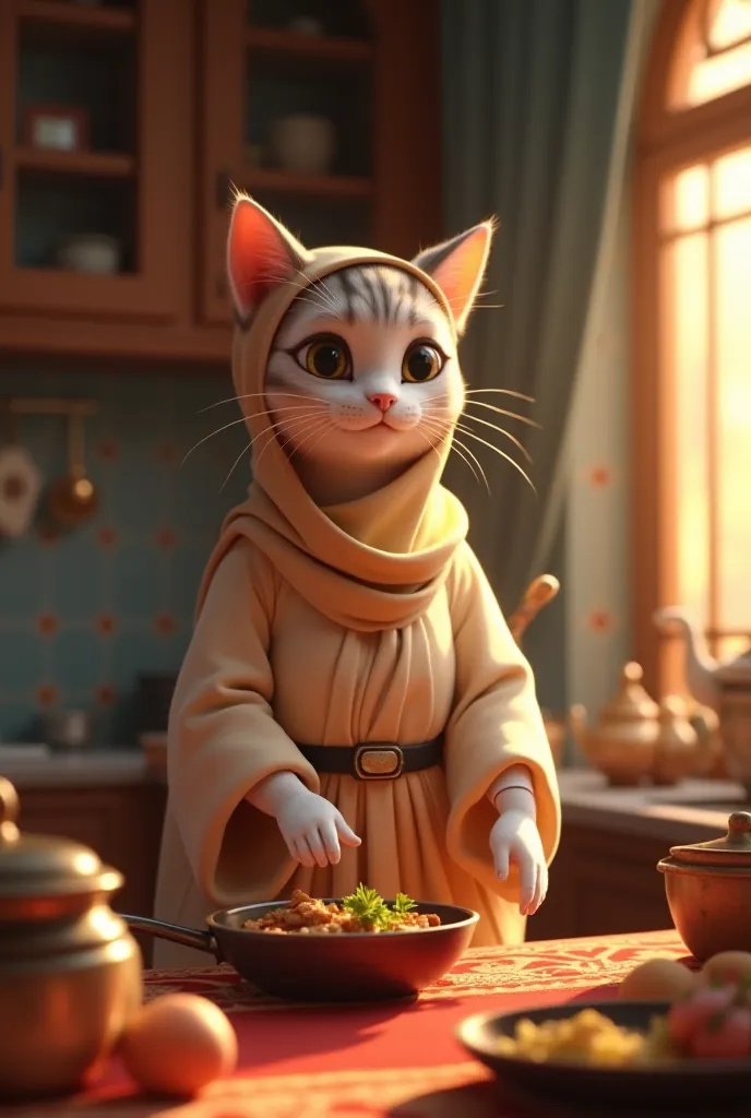 Create animation vedio on cat like a women cook a food in aftar 