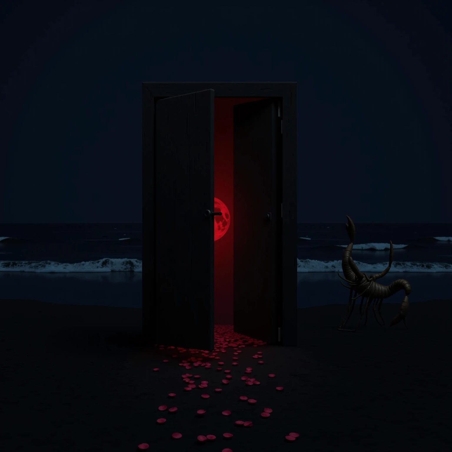 A hyperrealistic image of A free standing, dark oak door, slightly ajar on a beach at night. The beach has black sand, and whitecaps roll gently on the oceans surface. The door is slightly open, and stands without wall or other support. From inside the doo...