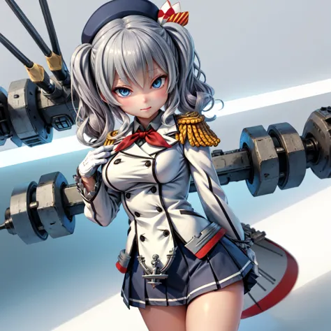 twin tails, wavy hair, blue eyes, tsurime, large breasts, KashimaOG, kashima \(kancolle\), beret, epaulettes, red neckerchief, frilled sleeves, long sleeves, military uniform, (white gloves) miniskirt, pleated skirt, anchor,
