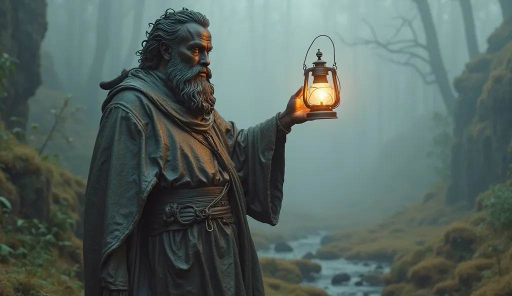 "A bearded philosopher, sculpted in dark bronze, holds a glowing lantern in his hand while walking through a surreal misty valley. His expression is serene, representing the search for truth in the midst of uncertainty."