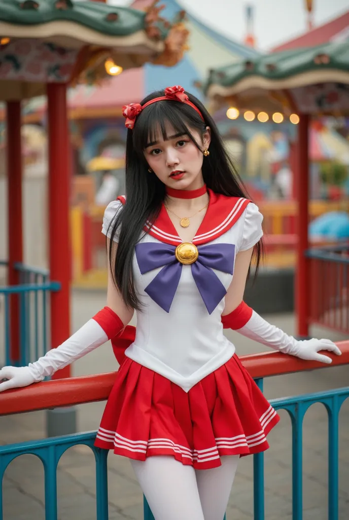 A realistic, high-resolution photograph of a young Chinese female cosplayer dressed as Sailor Mars, posing in a themed amusement park. detailed cosplay outfit emphasizing her reflective delicate red high heels, (((Best Quality))), ((masterpiece)), ( Detail...