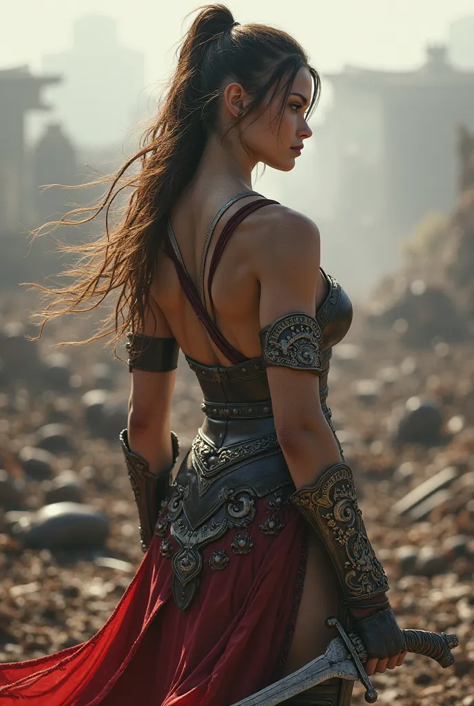 Create the image: A 19 years old female warrior, white skin, brown hair, sword in hand,  the battlefield is over , an armour open shoulders , big booty , big breasts , her back is on camera , 