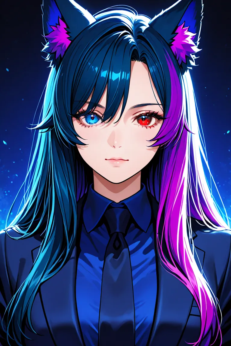 Create a cute and sexy woman,  with one eye of each color ,  and the left eye is blue ,  right eye is red , Dark Blue Suit, Made for women and wolf ears,  hair is long and fringed , Go over the shoulder , The hair color is purple