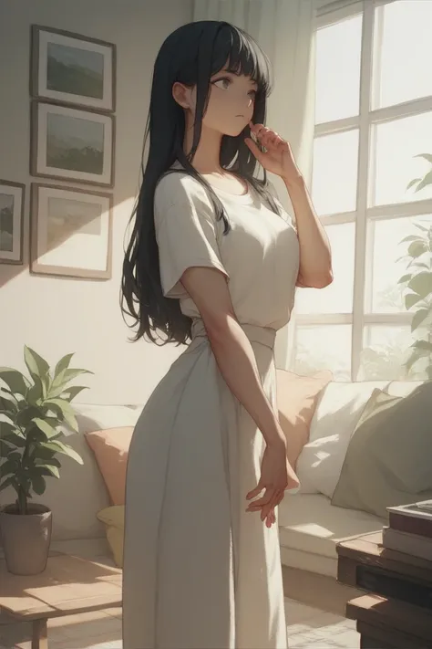 Neat clothes、woman、 black hair、long hair、Five fingers、standing、living room、anime